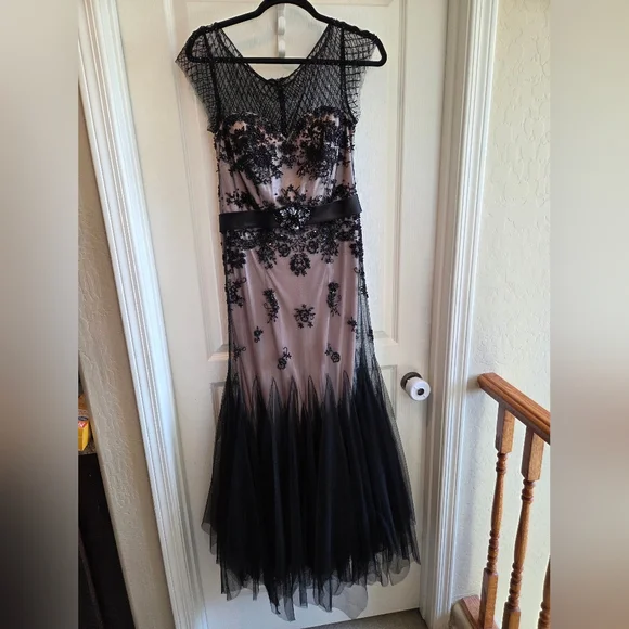 ronald joyce evening dresses Dark Blue Sequins Long Prom Dress, Elegant A-Line Evening Party Dress main image 1